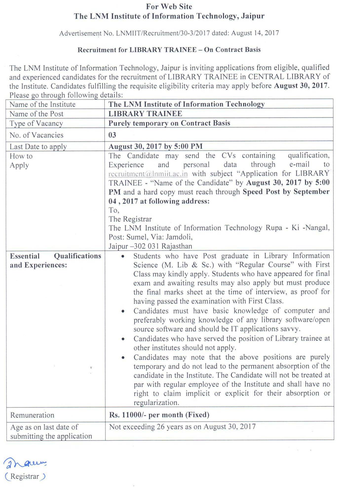 Library trainee jobs in india 2015