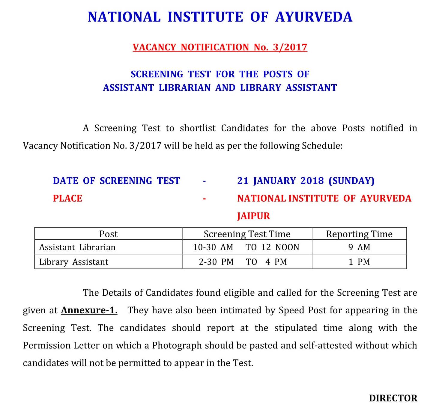 Candidates Called for Screening Test on 21/01/18 for the Posts of ...