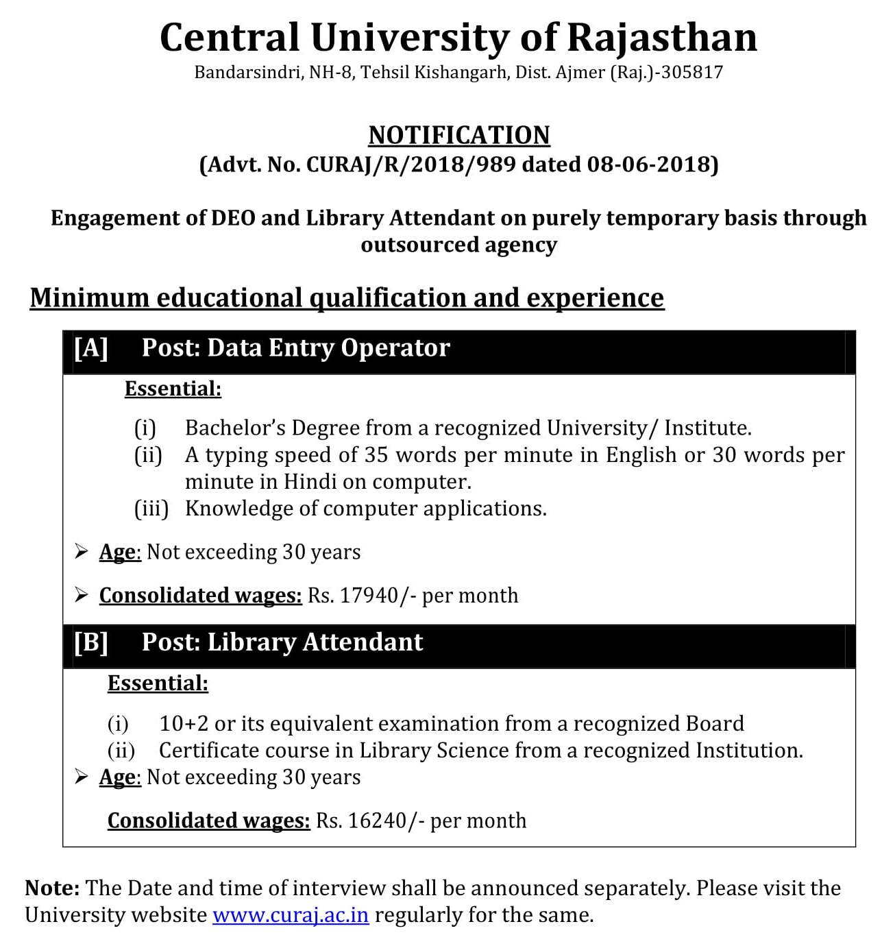 Recruitment for Library Attendant Post at Central University of