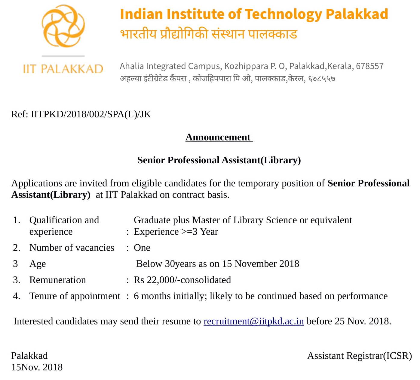 Recruitment for Senior Professional Assistant (Library) at IIT