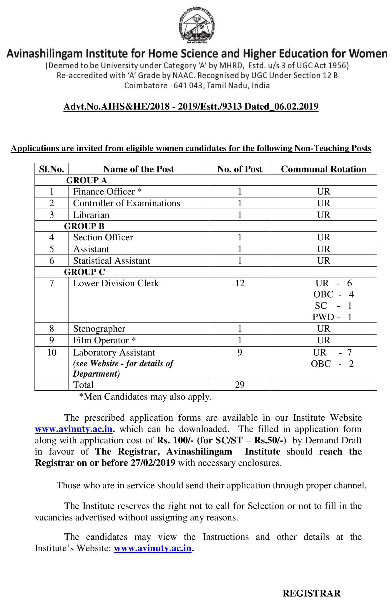 Recruitment for Librarian Post at Avinashilingam Institute for Home