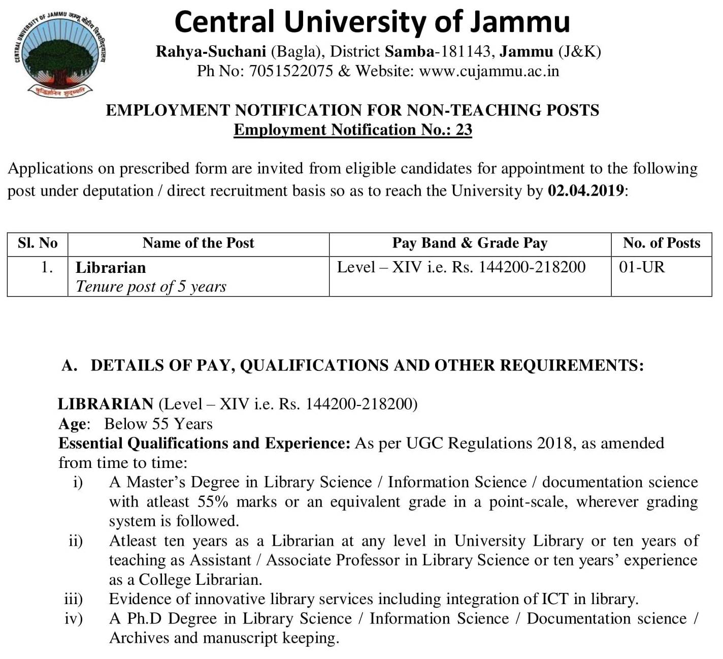 Recruitment for Librarian Post at Central University of Jammu, Jammu
