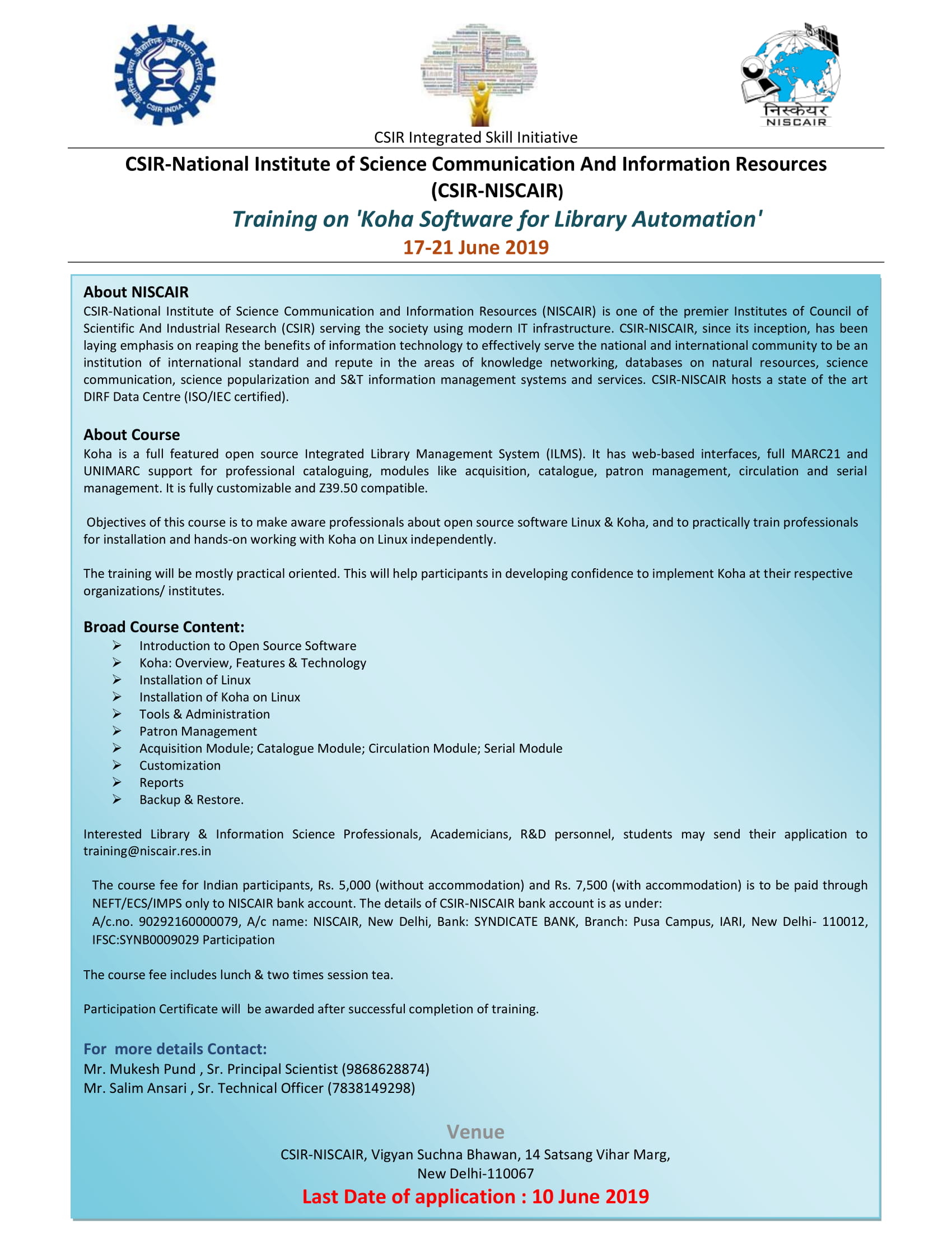 Training on ‘Koha Software for Library Automation’ 17-21 June 2019 at ...