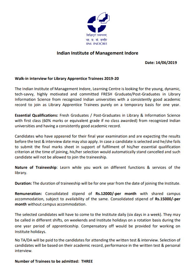 Walkin Interview for Library Apprentice Trainees Post at IIM, Indore