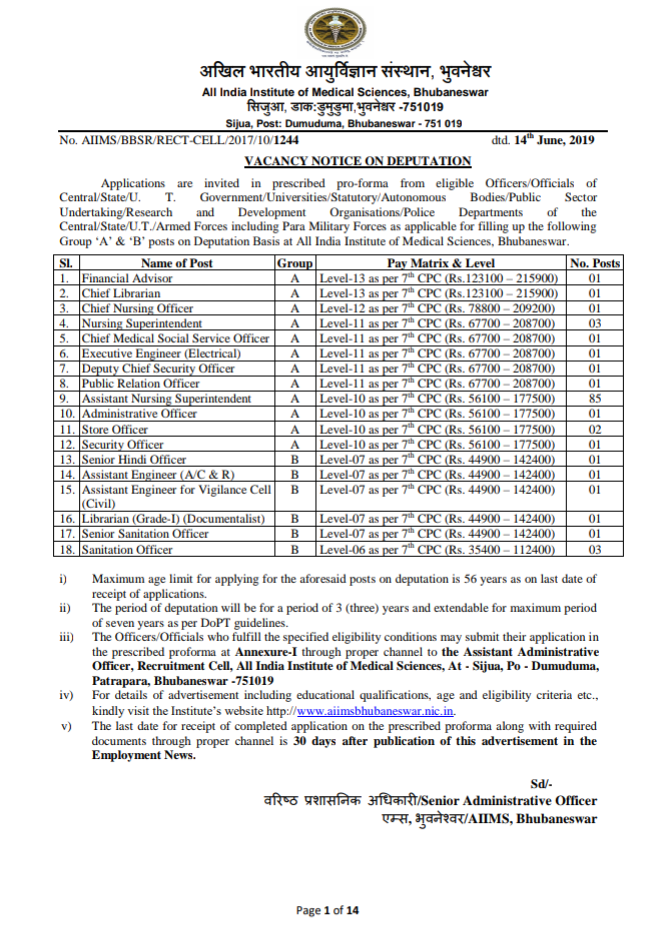 Recruitment for Librarian (GradeI) (Documentalist) Post at AIIMS