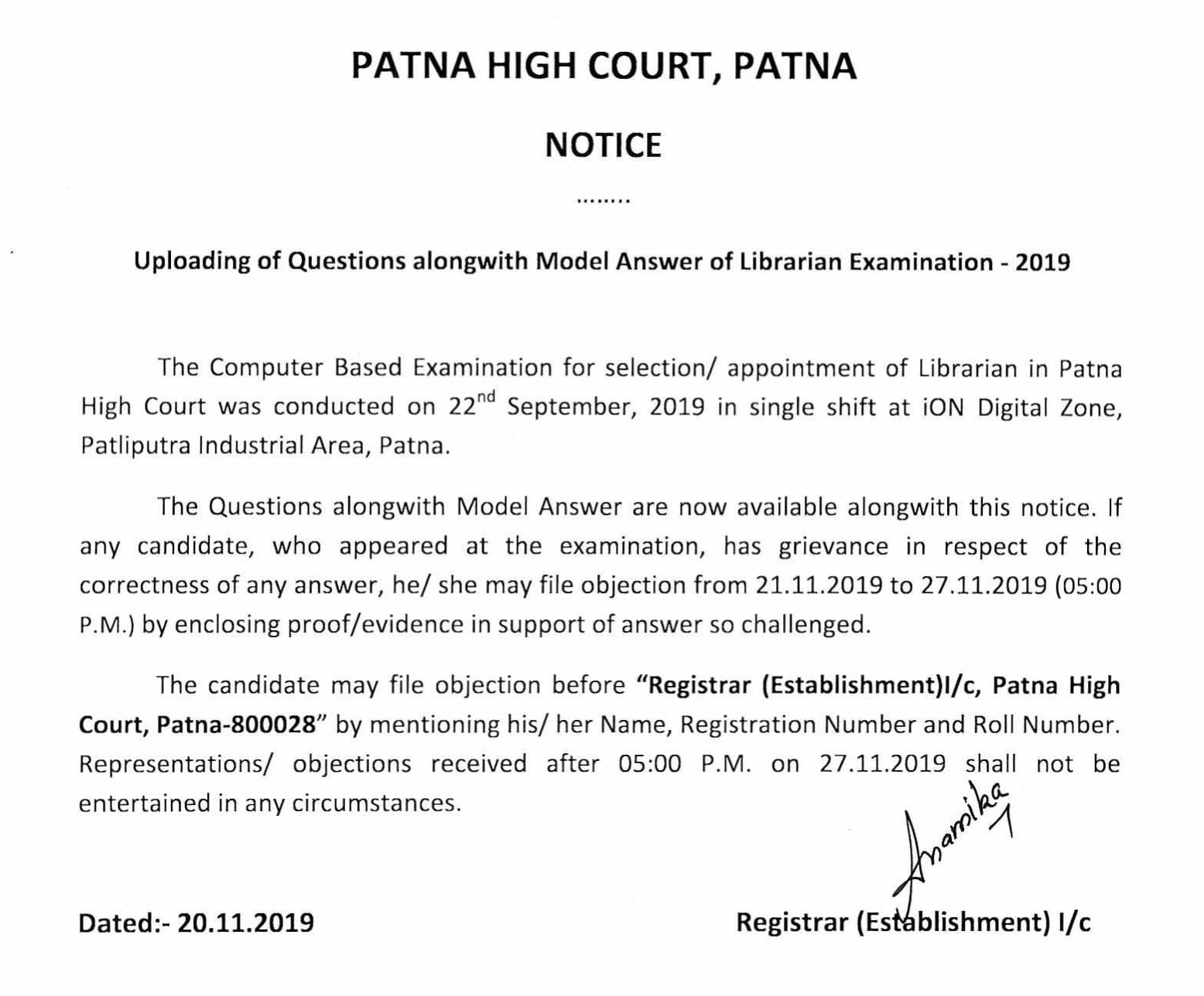 Patna High Court, Patna Notice Regarding Inviting Objections from