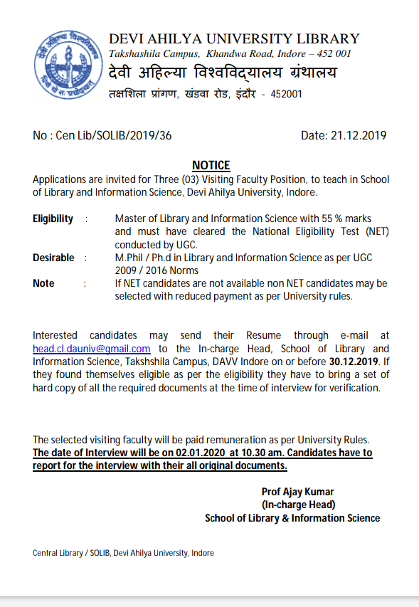 Advertisement for Visiting Faculty Post (03) at Devi Ahilya University