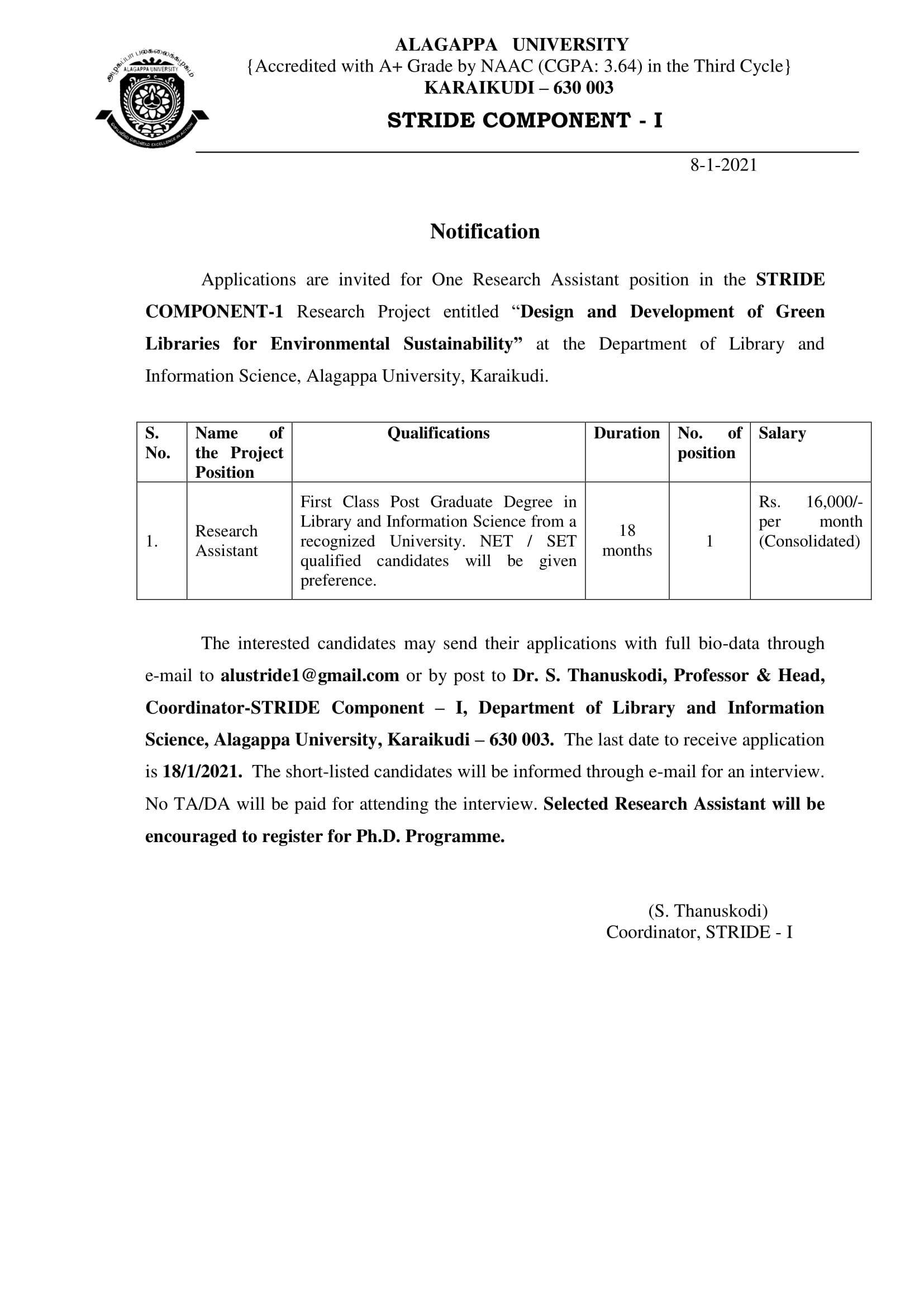 One Research Assistant position in the STRIDE COMPONENT-1 Research ...