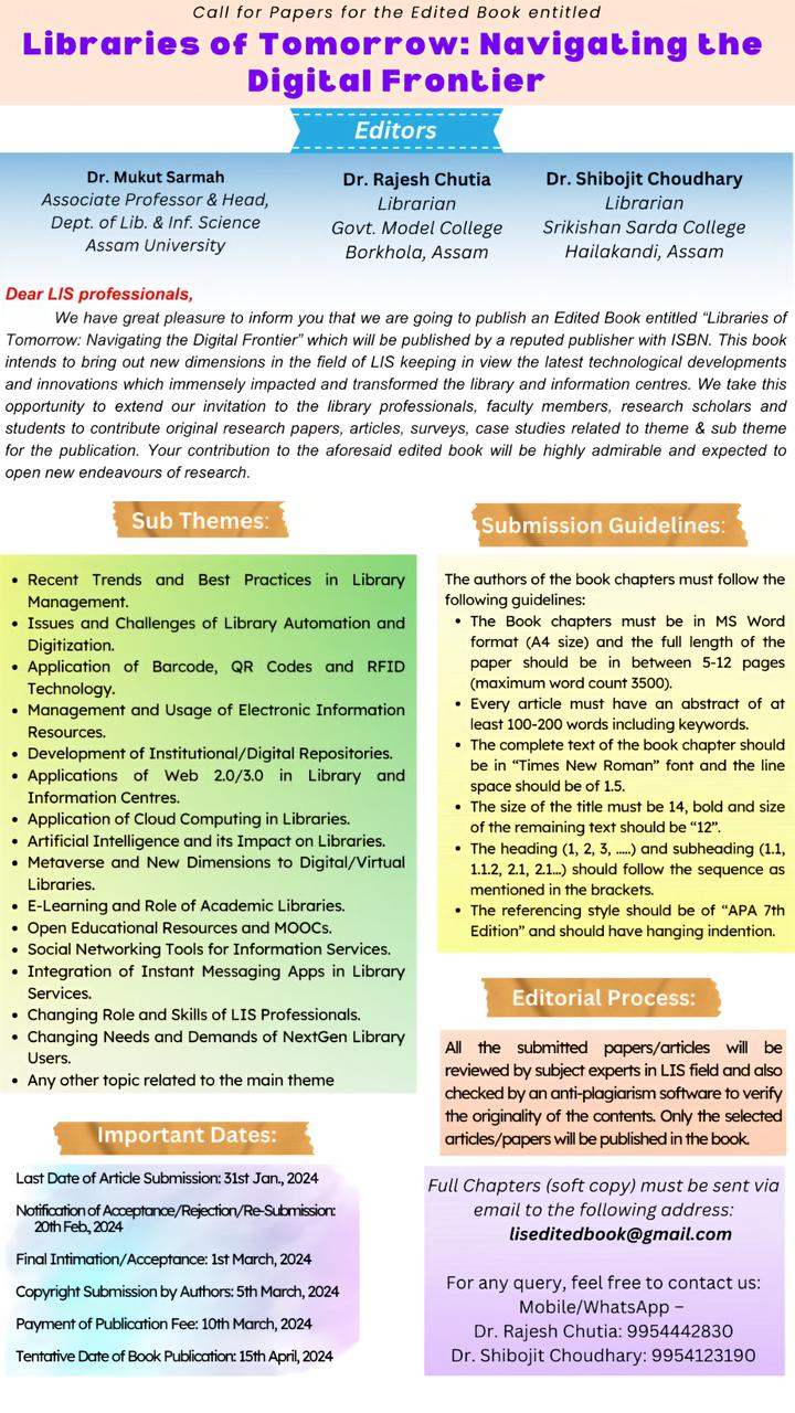Call for Papers/Chapters for the Edited Book Entitled “Libraries of ...